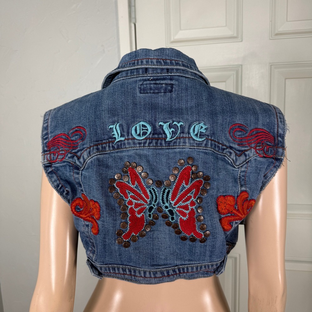 Vintage Y2K Haute Monde Shirt Jacket Denim Embroidered Cotton Crop Top Jean Vv26